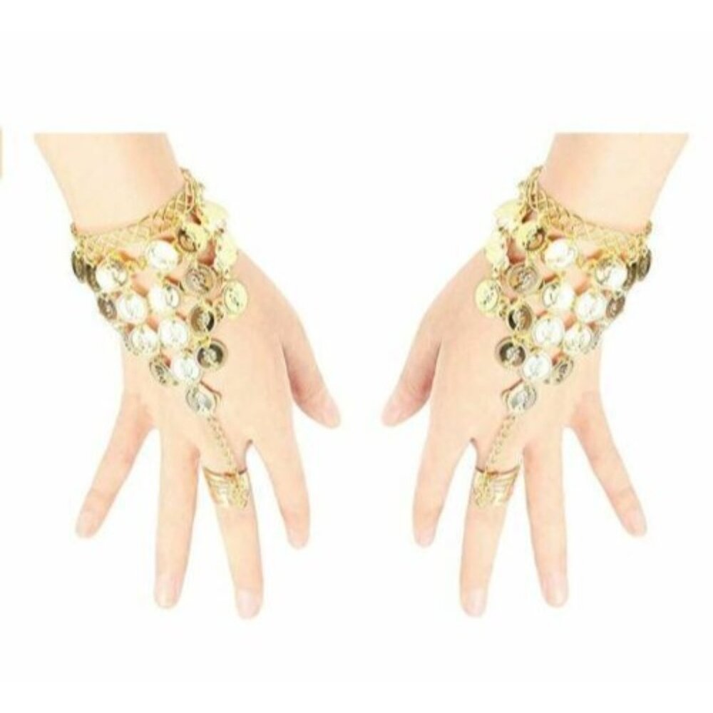 2X Belly Dance Performance Metal Ring To Wrist Bracelet Bangle Gold Coins Link